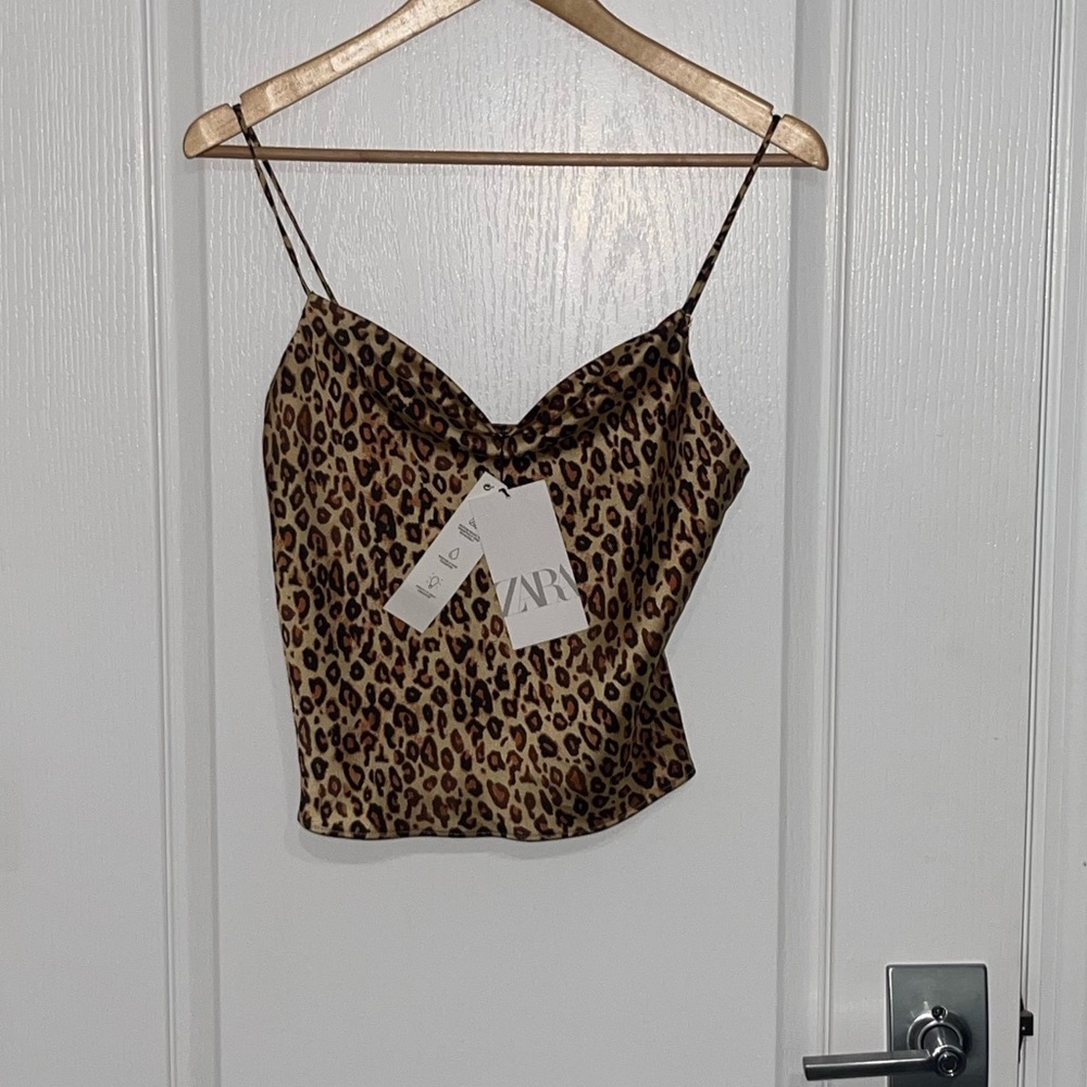 NEW Zara SATIN EFFECT Tank Leopard Print CHAIN STRAP Adjustable Cowl Neck Small - Picture 2 of 7